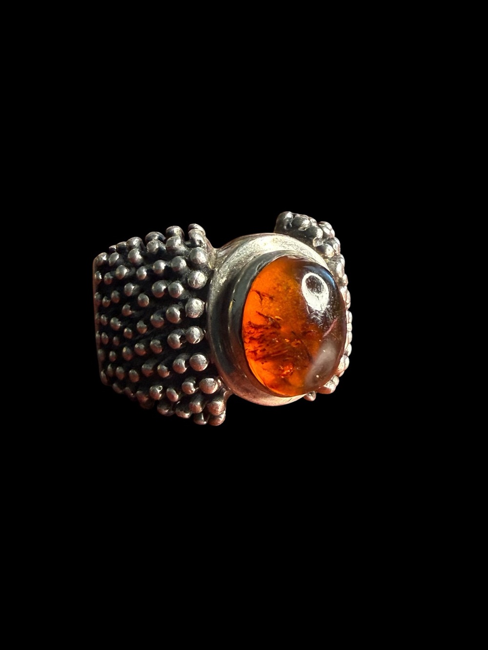 Sterling Silver Granulation Wide Band Amber Cabochon Statement Ring Size 5